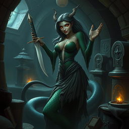 A sinister lamia, a creature of dark allure and malevolence, lurks inside a dimly lit crypt filled with ancient stone sarcophagi and eerie shadows