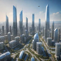 A futuristic cityscape in the year 2100, showcasing advanced technology, autonomous vehicles, energy-efficient skyscrapers, and humans coexisting with biotechnology enhancements