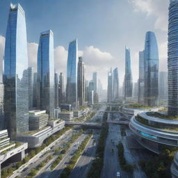 A futuristic cityscape in the year 2100, showcasing advanced technology, autonomous vehicles, energy-efficient skyscrapers, and humans coexisting with biotechnology enhancements