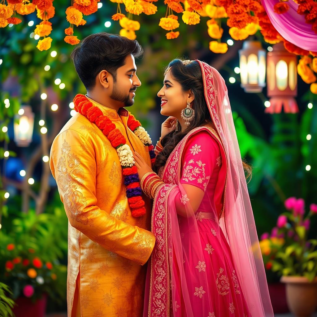 A romantic scene between a couple in a vibrant, colorful Indian setting, featuring traditional attire