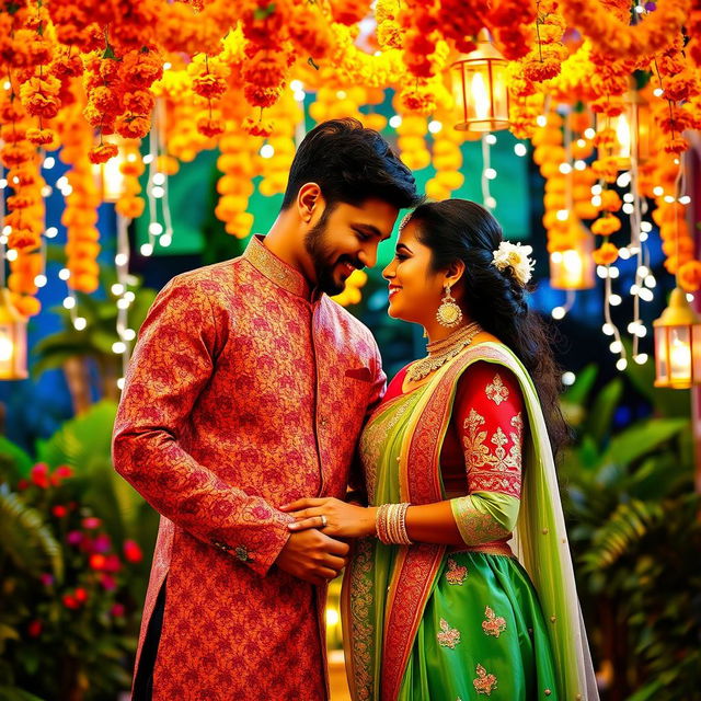 A romantic scene between a couple in a vibrant, colorful Indian setting, featuring traditional attire