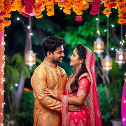 A romantic scene between a couple in a vibrant, colorful Indian setting, featuring traditional attire