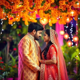 A romantic scene between a couple in a vibrant, colorful Indian setting, featuring traditional attire