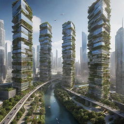 Depict an urban landscape in the year 2099, featuring breakthrough technological innovations, autonomous transportation systems, vertical gardens on skyscrapers, and humans utilizing wearable technology