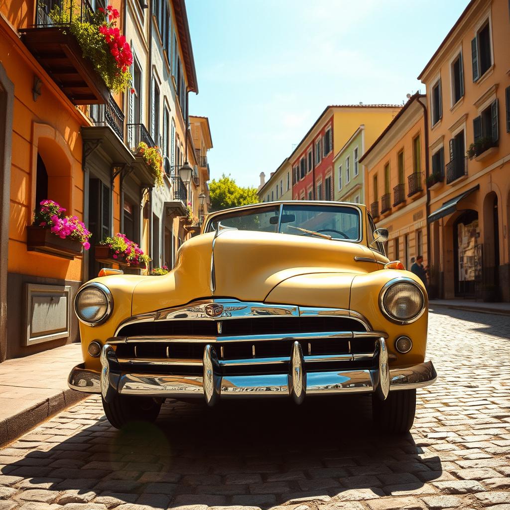 A beautiful vintage car parked on a cobblestone street, surrounded by charming old buildings with colorful facades