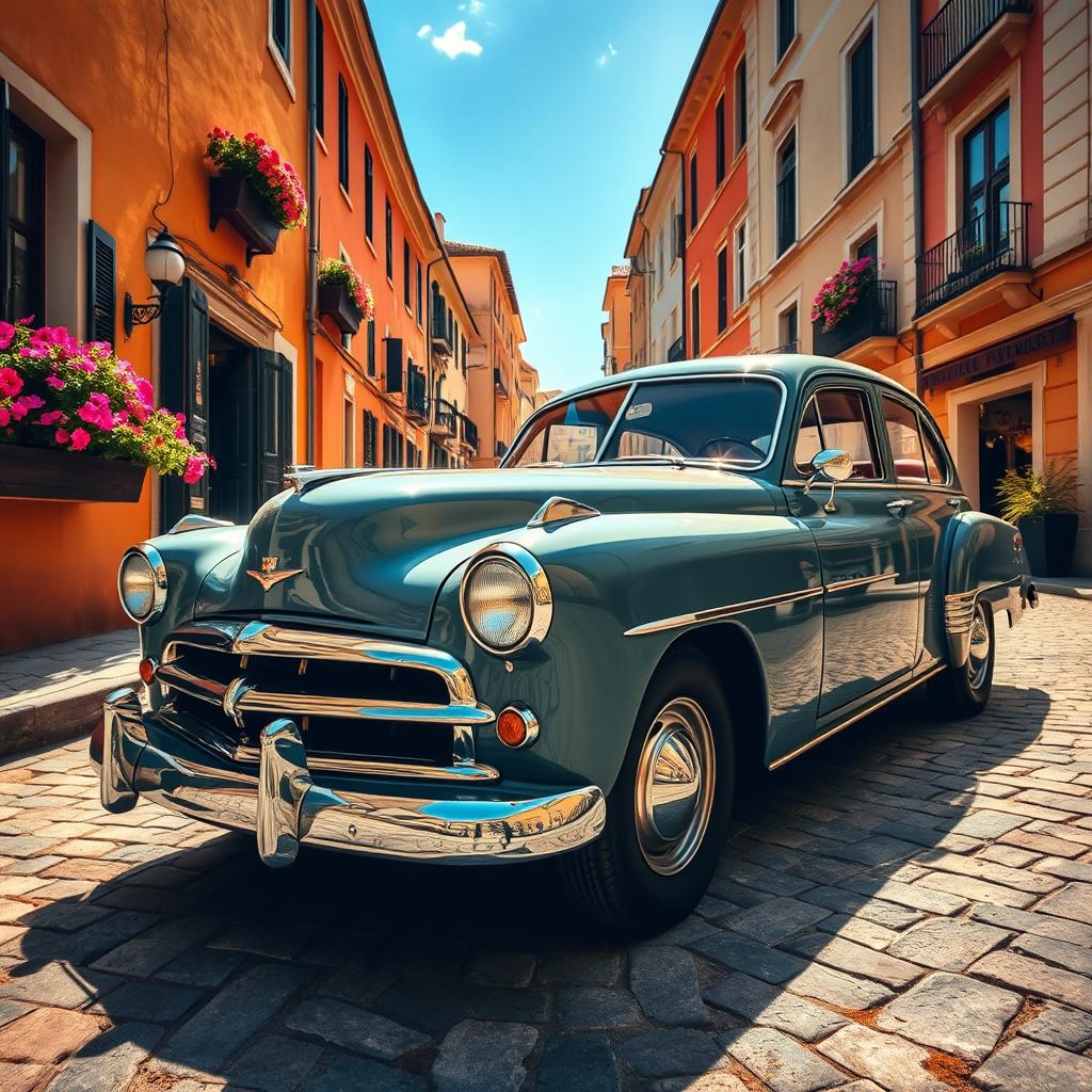 A beautiful vintage car parked on a cobblestone street, surrounded by charming old buildings with colorful facades