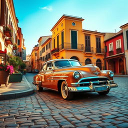 A beautiful vintage car parked on a cobblestone street, surrounded by charming old buildings with colorful facades