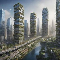 Depict an urban landscape in the year 2099, featuring breakthrough technological innovations, autonomous transportation systems, vertical gardens on skyscrapers, and humans utilizing wearable technology