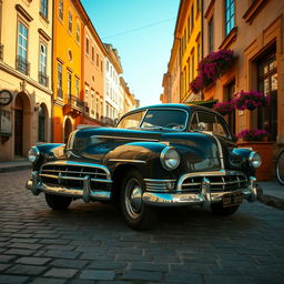 A beautiful vintage car parked on a cobblestone street, surrounded by charming old buildings with colorful facades