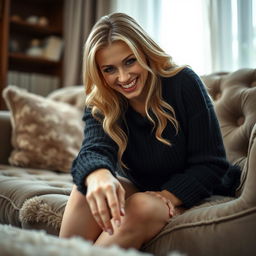 A cozy, intimate portrait of a thin blonde dominatrix with large breasts, sitting on a lush sofa, dressed in a black angora sweater