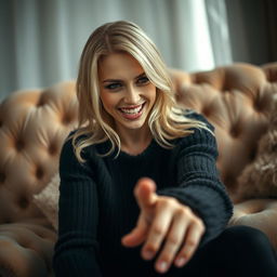 A cozy, intimate portrait of a thin blonde dominatrix with large breasts, sitting on a lush sofa, dressed in a black angora sweater