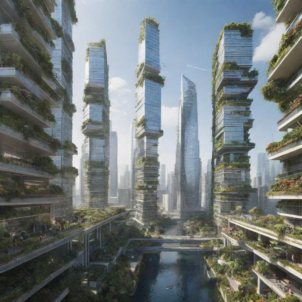 Depict an urban landscape in the year 2099, featuring breakthrough technological innovations, autonomous transportation systems, vertical gardens on skyscrapers, and humans utilizing wearable technology