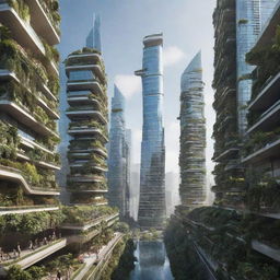 Depict an urban landscape in the year 2099, featuring breakthrough technological innovations, autonomous transportation systems, vertical gardens on skyscrapers, and humans utilizing wearable technology