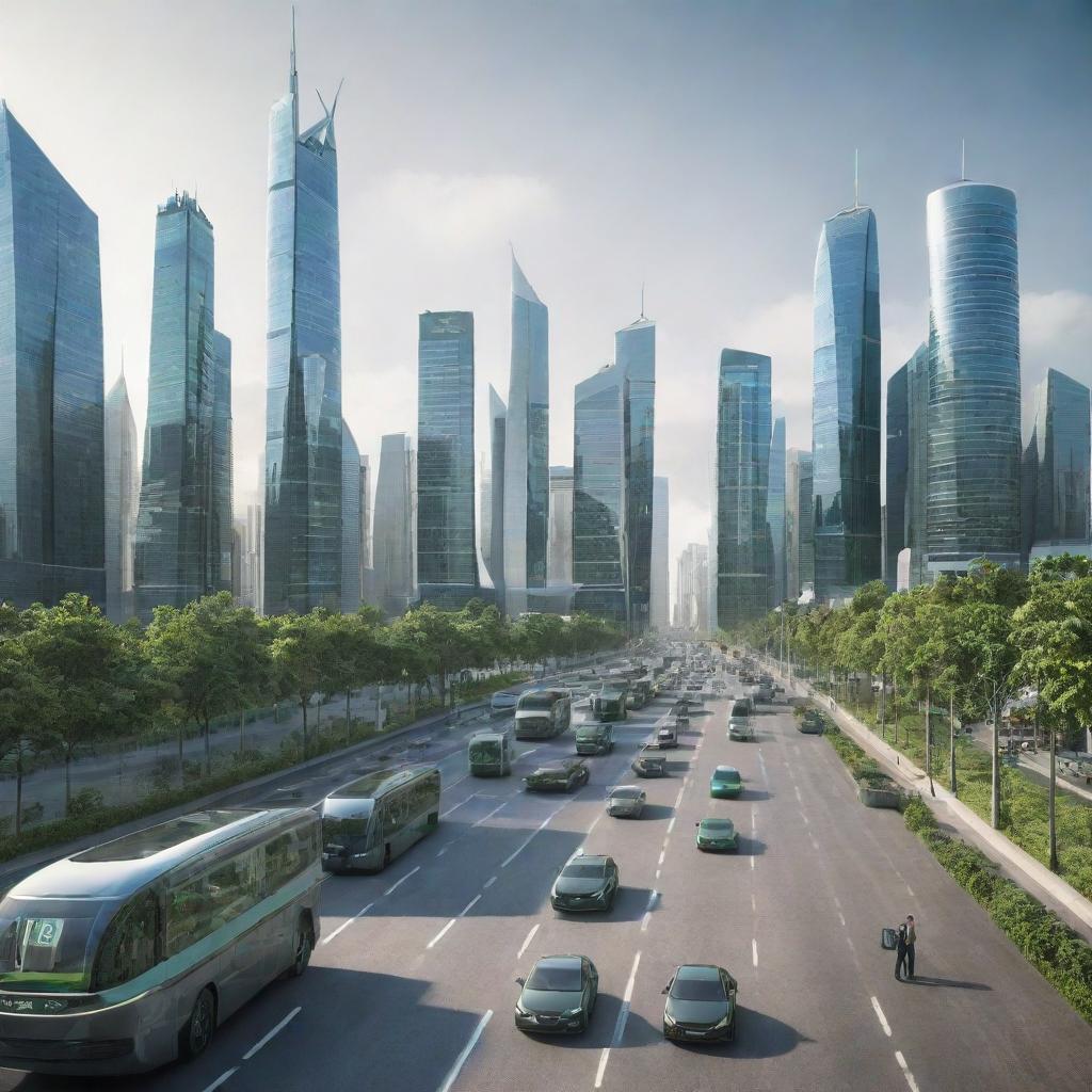 A cityscape in the year 2090, illustrating cutting-edge technology, renewable energy-powered vehicles, green skyscrapers, and people integrating with digital enhancements