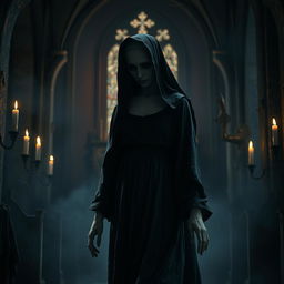 A haunting depiction of a headless nun, evoking a sense of terror and suspense