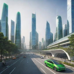 A cityscape in the year 2090, illustrating cutting-edge technology, renewable energy-powered vehicles, green skyscrapers, and people integrating with digital enhancements