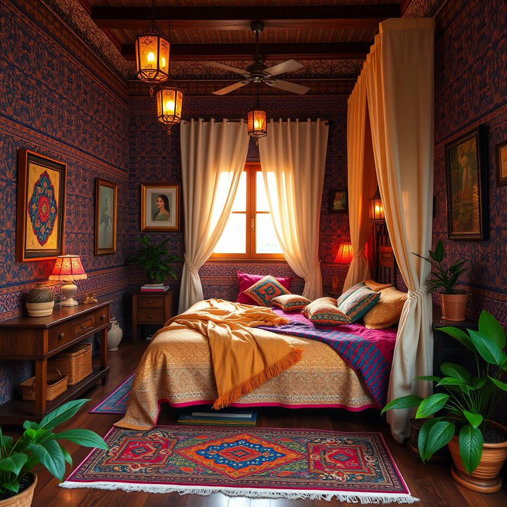 A beautifully decorated Desi bedroom featuring intricate traditional patterns on the walls and vibrant colors, showcasing a cozy bed with warm, inviting blankets and decorative pillows