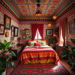 A beautifully decorated Desi bedroom featuring intricate traditional patterns on the walls and vibrant colors, showcasing a cozy bed with warm, inviting blankets and decorative pillows