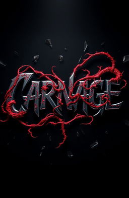 A dynamic and visually striking 3D cinematic title design featuring the Marvel character Carnage