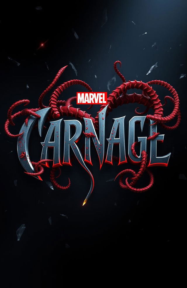 A dynamic and visually striking 3D cinematic title design featuring the Marvel character Carnage