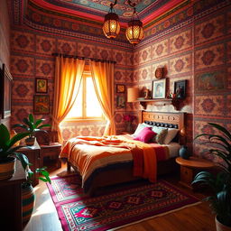 A beautifully decorated Desi bedroom featuring intricate traditional patterns on the walls and vibrant colors, showcasing a cozy bed with warm, inviting blankets and decorative pillows