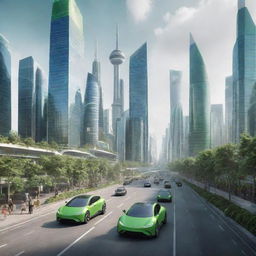 A cityscape in the year 2090, illustrating cutting-edge technology, renewable energy-powered vehicles, green skyscrapers, and people integrating with digital enhancements