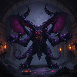 A powerful and sinister Glabrezu demon in a dark dungeon setting