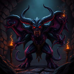 A powerful and sinister Glabrezu demon in a dark dungeon setting