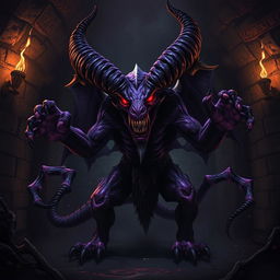 A powerful and sinister Glabrezu demon in a dark dungeon setting