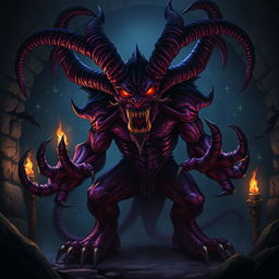 A powerful and sinister Glabrezu demon in a dark dungeon setting