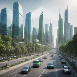 A cityscape in the year 2090, illustrating cutting-edge technology, renewable energy-powered vehicles, green skyscrapers, and people integrating with digital enhancements