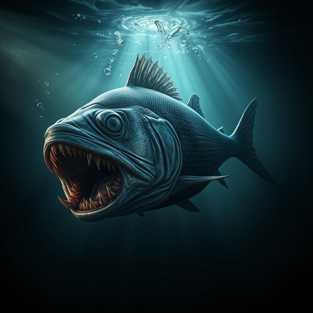 A hyper-realistic representation of a terrifying mojarra (a type of fish), depicted in a horror-themed environment