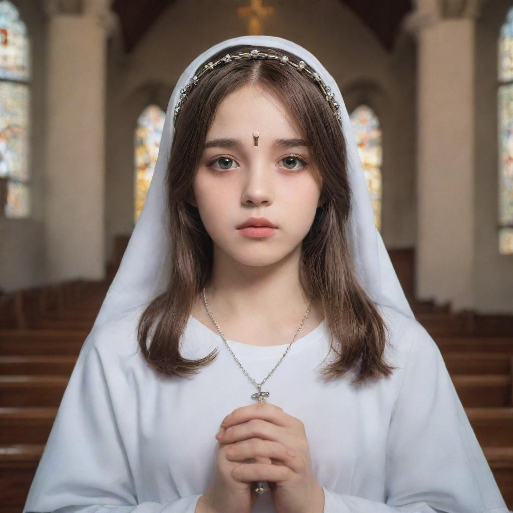 Anime style portrayal of a girl holding a rosary, her eyes empathetically drawn towards Jesus on the cross, in the solemn environment of a church.