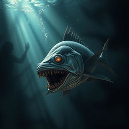 A hyper-realistic representation of a terrifying mojarra (a type of fish), depicted in a horror-themed environment