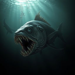 A hyper-realistic representation of a terrifying mojarra (a type of fish), depicted in a horror-themed environment