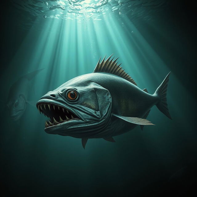 A hyper-realistic representation of a terrifying mojarra (a type of fish), depicted in a horror-themed environment