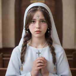 Anime style portrayal of a girl holding a rosary, her eyes empathetically drawn towards Jesus on the cross, in the solemn environment of a church.