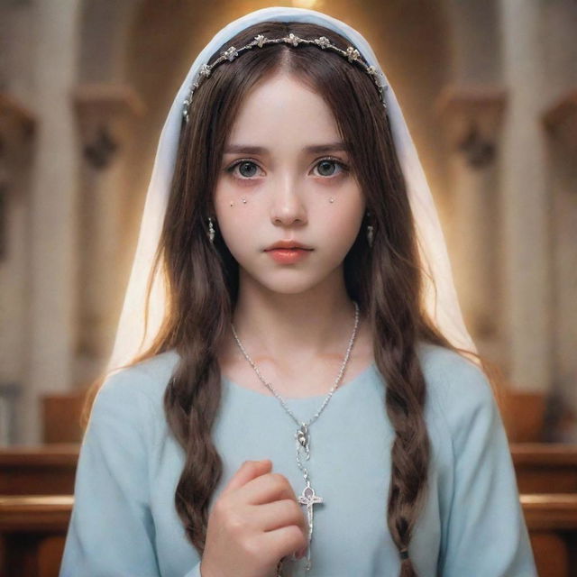 Anime style portrayal of a girl holding a rosary, her eyes empathetically drawn towards Jesus on the cross, in the solemn environment of a church.