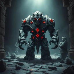 A menacing stone golem standing ominously in a dimly lit ancient ruin