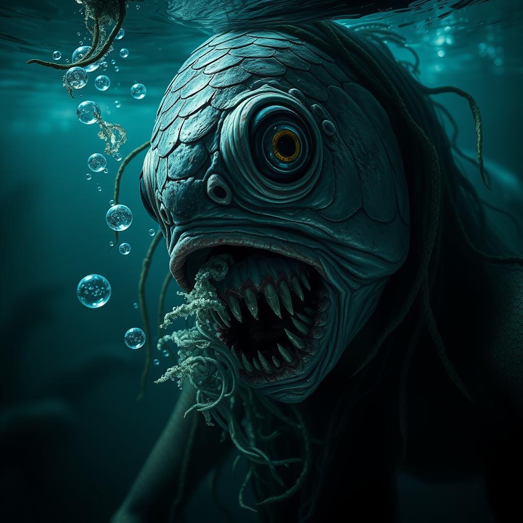 A hyper-realistic depiction of a terrifying woman resembling a mojarra fish, seamlessly blending human and aquatic features to create a chilling horror character