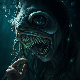 A hyper-realistic depiction of a terrifying woman resembling a mojarra fish, seamlessly blending human and aquatic features to create a chilling horror character