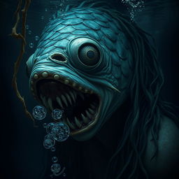 A hyper-realistic depiction of a terrifying woman resembling a mojarra fish, seamlessly blending human and aquatic features to create a chilling horror character