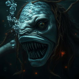 A hyper-realistic depiction of a terrifying woman resembling a mojarra fish, seamlessly blending human and aquatic features to create a chilling horror character