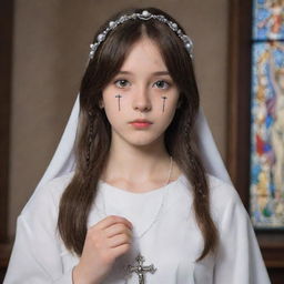 Anime style portrayal of a girl holding a rosary, her eyes empathetically drawn towards Jesus on the cross, in the solemn environment of a church.