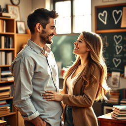 A romantic scene depicting a teacher and a student who are in love, set in a warm, cozy classroom filled with books and educational materials