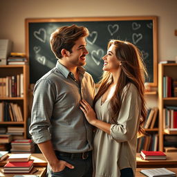 A romantic scene depicting a teacher and a student who are in love, set in a warm, cozy classroom filled with books and educational materials