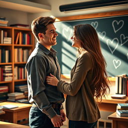 A romantic scene depicting a teacher and a student who are in love, set in a warm, cozy classroom filled with books and educational materials