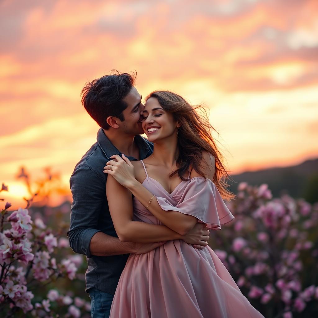 A passionate scene of a man and a woman deeply in love, set in a picturesque outdoor setting during sunset