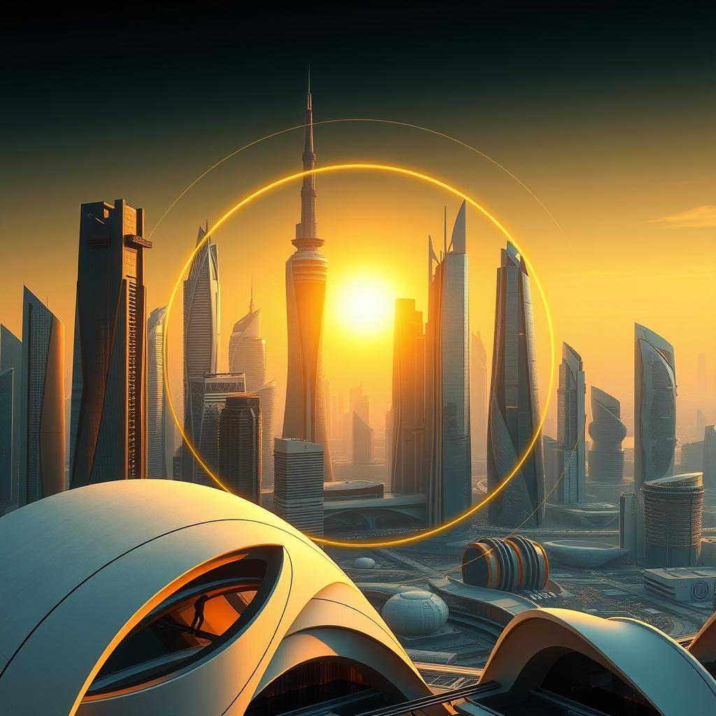 A breathtaking futuristic city skyline with tall, modern skyscrapers characterized by sleek, cutting-edge designs