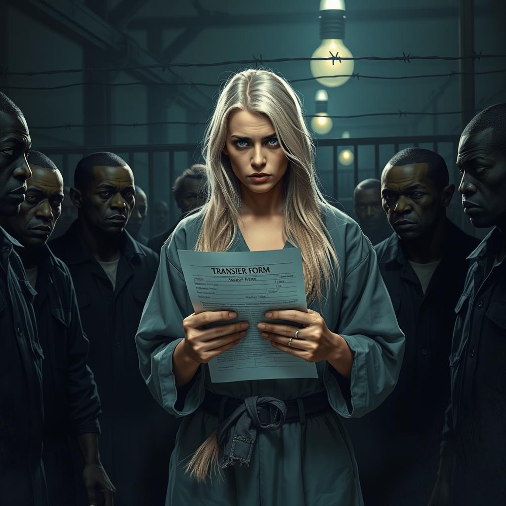 A scene depicting a white woman with long blonde hair, dressed in torn prison clothes, standing in a dimly lit prison environment